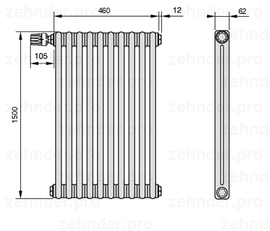 Схема (чертеж) Радиатор Zehnder Charleston 2150/10 №V012 Белый глянцевый RAL 9016